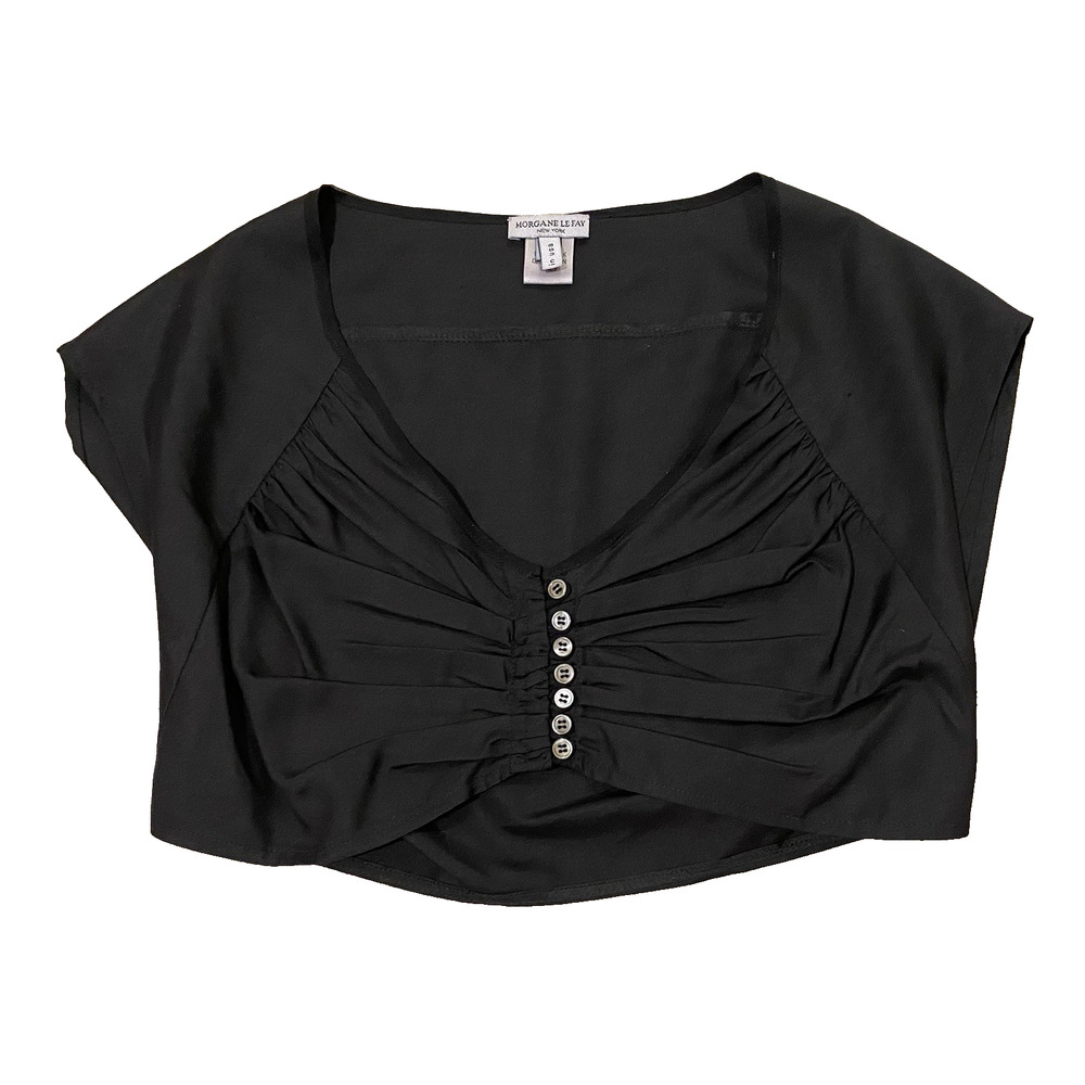 Morgane Le Fay 100% Silk Short Sleeve Cropped Button V Neck Top S Black Designer